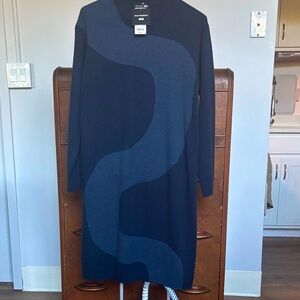 Marimekko x Uniqlo Wool Sweater Dress Navy Wave Print Large NWT